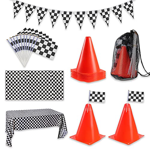 23 Pieces Race Car Party Decoration Set Includes Checked Black White Race Flag Checkered Race Flag Banner Black Checkered Tablecloth Plastic Mini Orange Safety Cone for Festive Traffic Safety Training