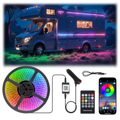 16.4FT RV Awning Lights with App / Remote Control 12V Camper LED Light Strip with Music Sync IP65 Waterproof Underglow LED Light Kit for Motorhome Travel Trailers Outdoor Camping Party BBQ