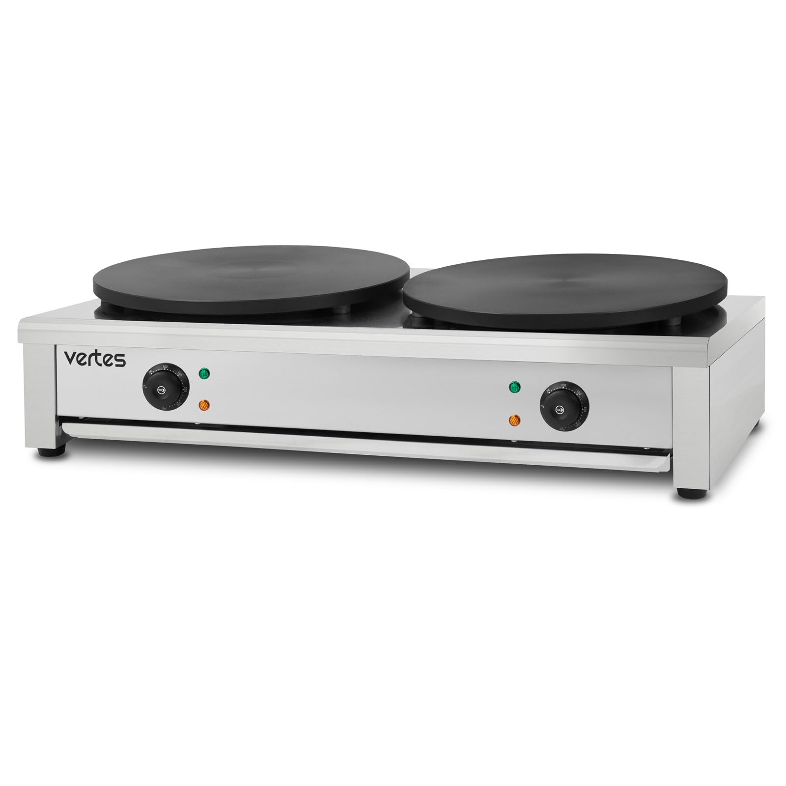 VERTES Crepes Maker Doppelt Crepesmaker Elektrisch aus Edelstahl mit 2x 40cm Platte 2x 3000W, Antihaftbeschichtung, Temperatur Stufenlos Regulierbar von 50-300°C, Gastro Profi, Inkl. Holzverteiler