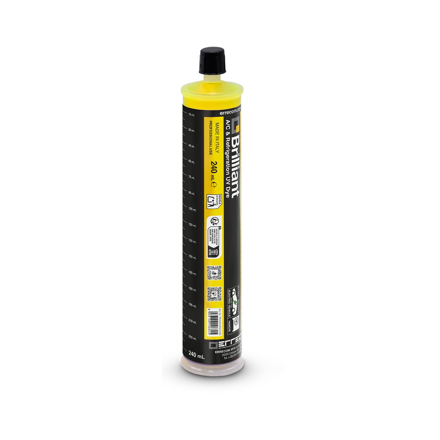 ERRECOM Brilliant – cartouche 240 ml, Traceur Fluorescent UV pour localiser Fuites de Gaz Réfrigérant dans les Systèmes de Climatisation et Réfrigération