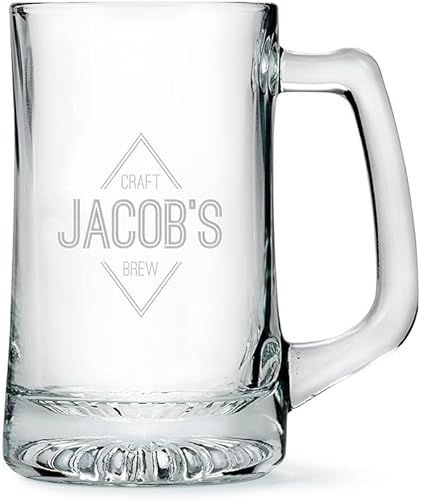 WEDDINGSTAR Taza de cerveza de vidrio personalizable de 14 onzas - Grabado de emblema de diamante