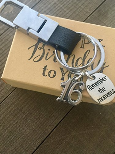 16th Birthday ~ Black Leather Keepsake Genuine Leather Key Chain with Gift Packaging for Boy or Girl 16 Birthday Gift