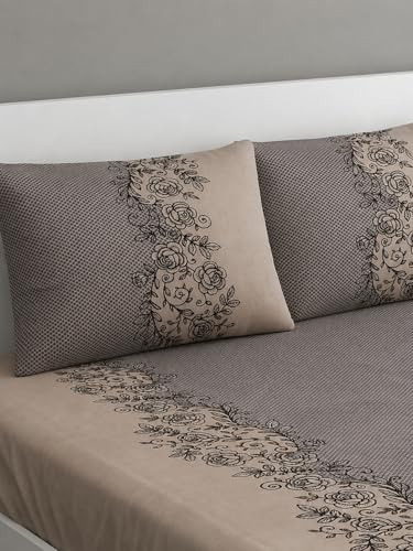 VOMZER 320 TC Cotton Feel All Around Elastic Fitted Bedsheets King Size, Premium Elastic Fitted King Size Bed Sheet for Double Bed with 2 Pillow Covers, Size- 78” x 60” (Coffee)