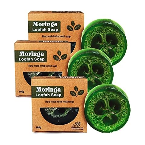 HERBOGANIC Moringa Loofah Soap | Exfoliation Body Scrubber | Anti-aging Spongy Soap for Shower | Exfoliates Dead Skin Cells | Minimizes Dark Spots | All Natural | 3.5 oz Bar(Pack of 3)… Cover