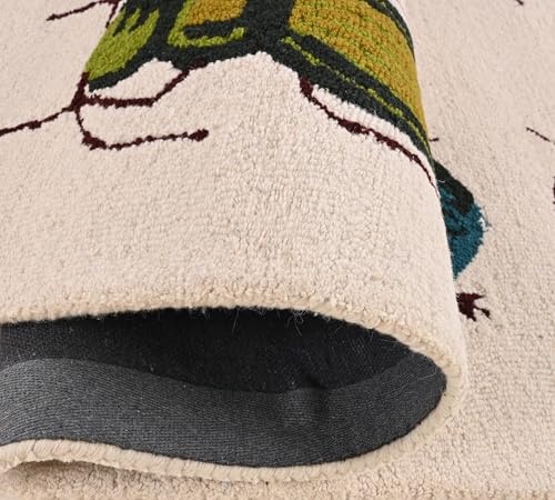 Image of Colorful Beetle-Inspired Hand-Tufted Wool Area Rug - Eco-Friendly, Soft & Durable Carpet with Insect Pattern for Living Room, Bedroom, or Home Decor (Ivory, 5' x 8')