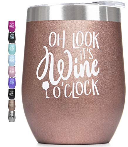Prokitline Premium Stainless Steel Wine Tumbler with Lid 12 oz Double Wall Vacuum Insulated Stemless Travel Glass Funny Phrase Engraved Mug | Custom Personalized Men Women Cup with Sayings Rose Gold