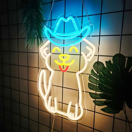 Image of Cowboy Hat Dog Neon Sign, Dimmable LED Neon Sign for Wall, Dog USB Neon Light Up Signs for Bedroom, Beauty Bar, Cowboys Gifts for Women, Ice Blue, Lemon Yellow, Warm White, Red, 9.8X15.7 IN