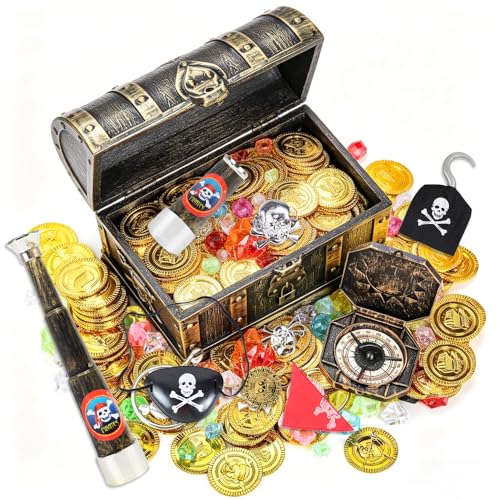 WDKXCN Pirate Treasure Chest Treasure Chest Kids with Gold Coins Fake Gems Compass Telescope and Pirate Accessories Treasure Box Pirate Chest Kids for Pirate Party Hunting