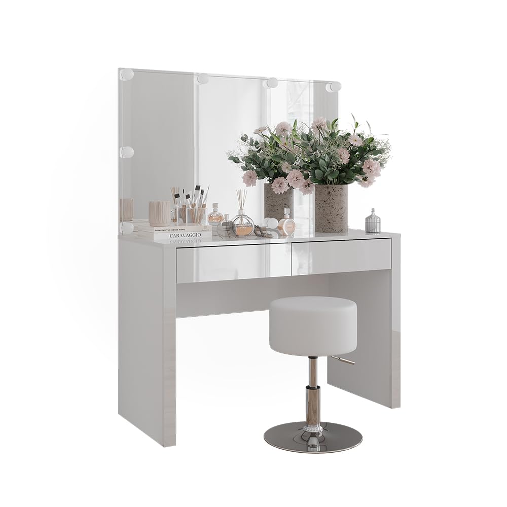 Vicco Tocador Annabelle, Blanco Alto Brillo/Blanco, 110 cm | con iluminación LED y taburete, Mantiene los productos de uso diario siempre al alcance de la mano