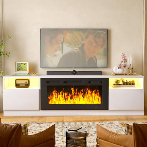 Image of MXV 80 inch Fireplace TV Stand for TVs Up to 90 inch, LED Light Entertainment Center with 36 inch Electric Fireplace, Modern Wood Texture TV Media Console with Highlight Storage Cabinet, White-Black