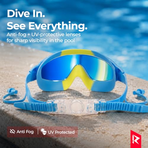 Image of ROVARS Electroplated Swimming Goggles for Kids with Nose & Ear Plugs, Leakproff Full Frame with Adjustable Strap, Anti Fog and UV Protection for Boys & Girls (2100 Blue, Above 6 Years)