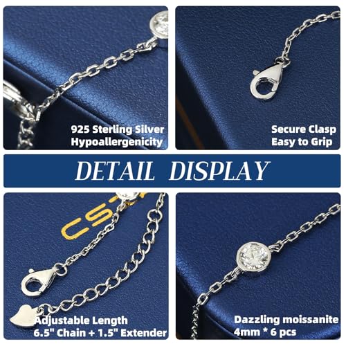 Adjustable Moissanite Station Bracelet for Women, 1.6CT Sterling Silver Women Bezel Bracelets, 6.5"-8" (16.5cm-20cm), Dainty Link Sterling Silver Bracelets for Women with18K White Gold Plated, Fine Jewelry Anniversary Birthday Gifts for Her Wife Girlfriend Mom3