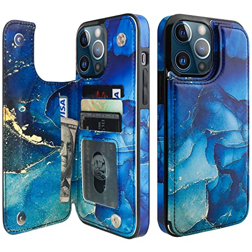 Image of HAOPINSH iPhone 13 Pro Max Wallet Case, Blue Marble PU Leather, Card Holder, Kickstand, Double Magnetic Clasp, Shockproof 6.7