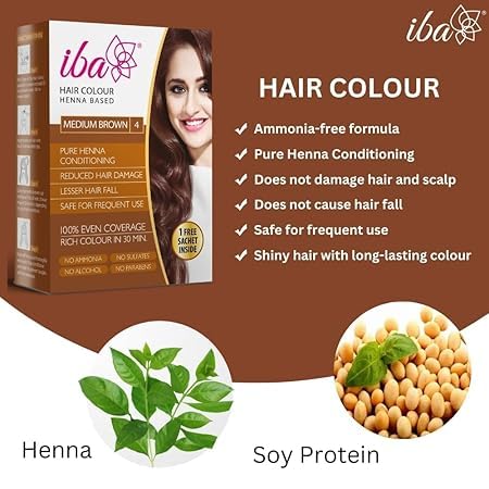 I.ba Henna Based Hair Colour, Medium Brown, No Ammonia, No Sulfates, 100% Even Coverage