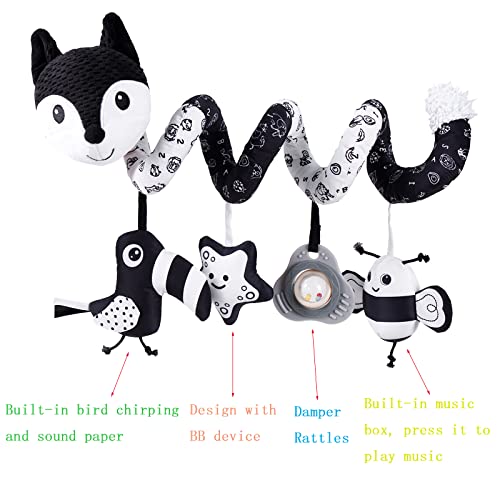 Hilenbo Car Seat Toys, Infant Baby Black Fox Spiral Plush Activity Hanging Toys For Car Seat Stroller Bar Crib Bassinet Mobile With Music Box Bb Squeaker And Rattles（Black） #TOP1
