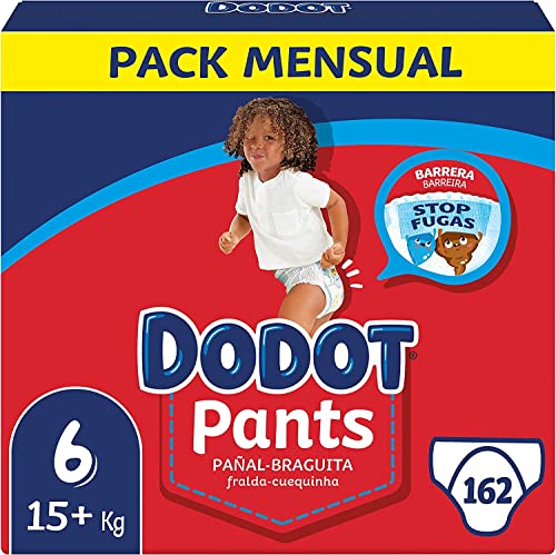 Dodot Bebé Pants Talla 6 (+15 kg), 162 Pañales, Pañal-Braguita con Ajuste 360° Anti-Fugas, Pack Mensual
