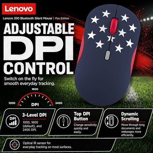 Image of Lenovo 350 Bluetooth Silent Mouse (Fan Edition), Wireless Ergonomic Ambidextrous Design, Bluetooth 5.3, Adjustable DPI up to 2400, 36 Month Battery Life, Recycled Materials, USA Flag