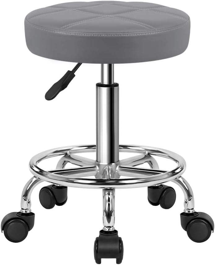 Round Rolling Stool Chair PU Leather Height Adjustable Swivel Drafting Work SPA Shop Salon Stools with Wheels Office Chair Small (Gray)