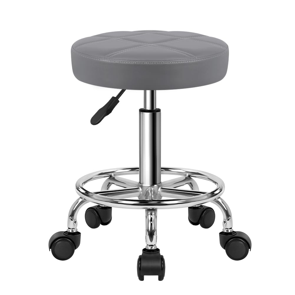 KKTONER Round Rolling Stool Chair PU Leather Height Adjustable Swivel Drafting Work SPA Shop Salon Stools with Wheels Office Chair Small (Gray)