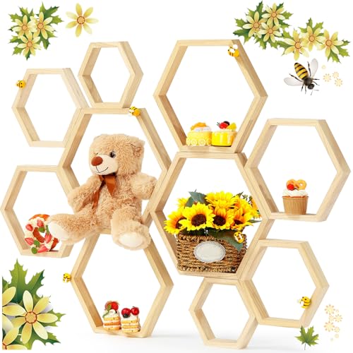 Image of Gerrii 10 Pcs Honey Comb Decorations 5 Sizes Wood Hexagon Shelves Honeycomb Centerpiece Cupcake Stand Wooden Bee Hive Display Holder for Baby Shower Honeybee DIY Birthday Party Decor (Wood Color)