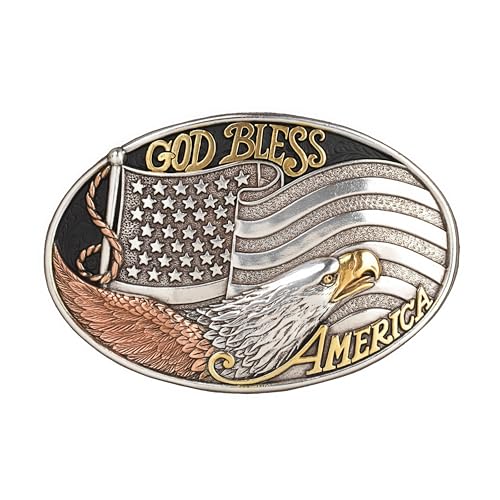Nocona Belt Co. Men's Oval American Flag and Eagle Buckle with 'God Bless America' Engraving (Silver/Gold, 2-1/2