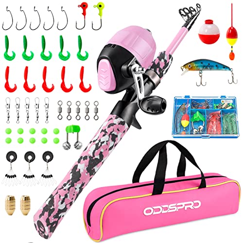 ODDSPRO Kids Fishing Pole - Kids Fishing Starter Kit - with Tackle Box Reel Practice Plug Beginners Guide and Travel Bag for Boys Girls (Camo Pink 1.5M 4.92Ft)