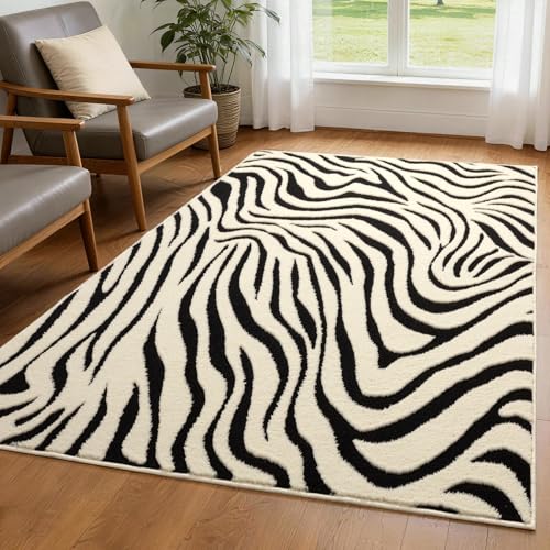 YIHOUSE 4×6 Ft Area Rugs for Living Room: Modern Washable Rug - Abstract Black and Cream White Rug for Bedroom Dining Room Office Playroom Nursery Home Decor - Nonslip Non-Shedding Striped Rugs