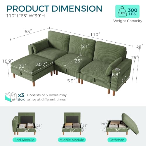Image of LINSY HOME 110 inch Modular Sectional Sofa with Storage, 3-Seat Cloud Couch with 1 Movable Ottoman & 2 Pillows, Corduroy Deep Seat Sectional Couches for Living Room /Office /Bedroom, Green