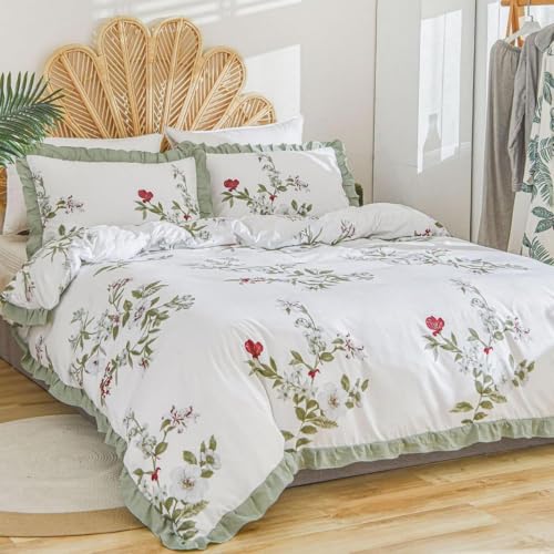 Freyamy Mädchen Bettwäsche 135x200 Blumen Bunt Floral Rüschen BettwäscheSet – Ansicht 2