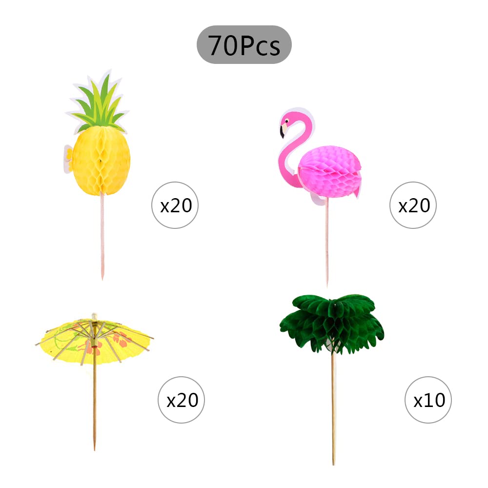 70 Piezas Sombrillas de Cócteles Decoraciones de Fiesta de Cócteles Palillos de Panal y Piña Flamenco 3D para Cóctel Bebidas Tropicales Decoración de Fiesta de Cumpleaños Etc