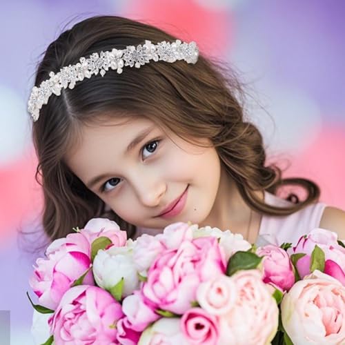 1 Pack Flower Girl Hair Accessory, Flower Headband, Weddings Hair Accessories, Tiara for Little Girl - Pearl & Silver Flower Crown Headband for Weddings, Birthdays4