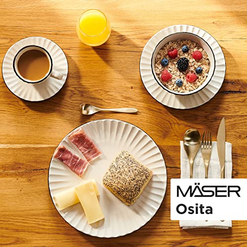 MÄSER 931967 Serie Osita Retro Tafelservice für 6 Personen mit Wellenform, 18-teiliges rundes Geschirrset mit Speiseteller, Dessertteller und Müslischale, Essgeschirr Set, Steinzeug, Cremeweiß