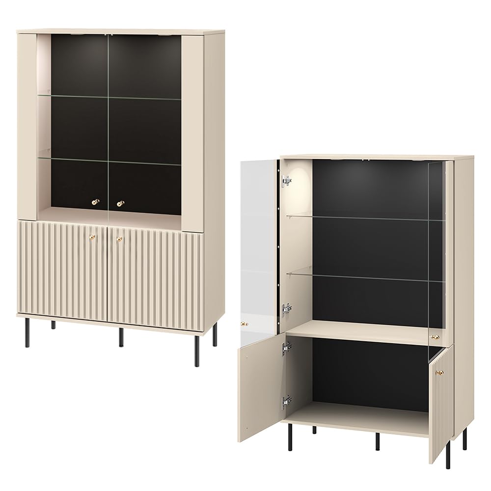 Lomadox Wohnzimmer Set in Kaschmir matt modern 6-teilig mit goldfarbenen Griffen, gerillter Optik, Softclose-Funktion mit TV-Board, Kleiderschrank, Vitrine, Wandboard, Sideboard, Vitrinenschrank