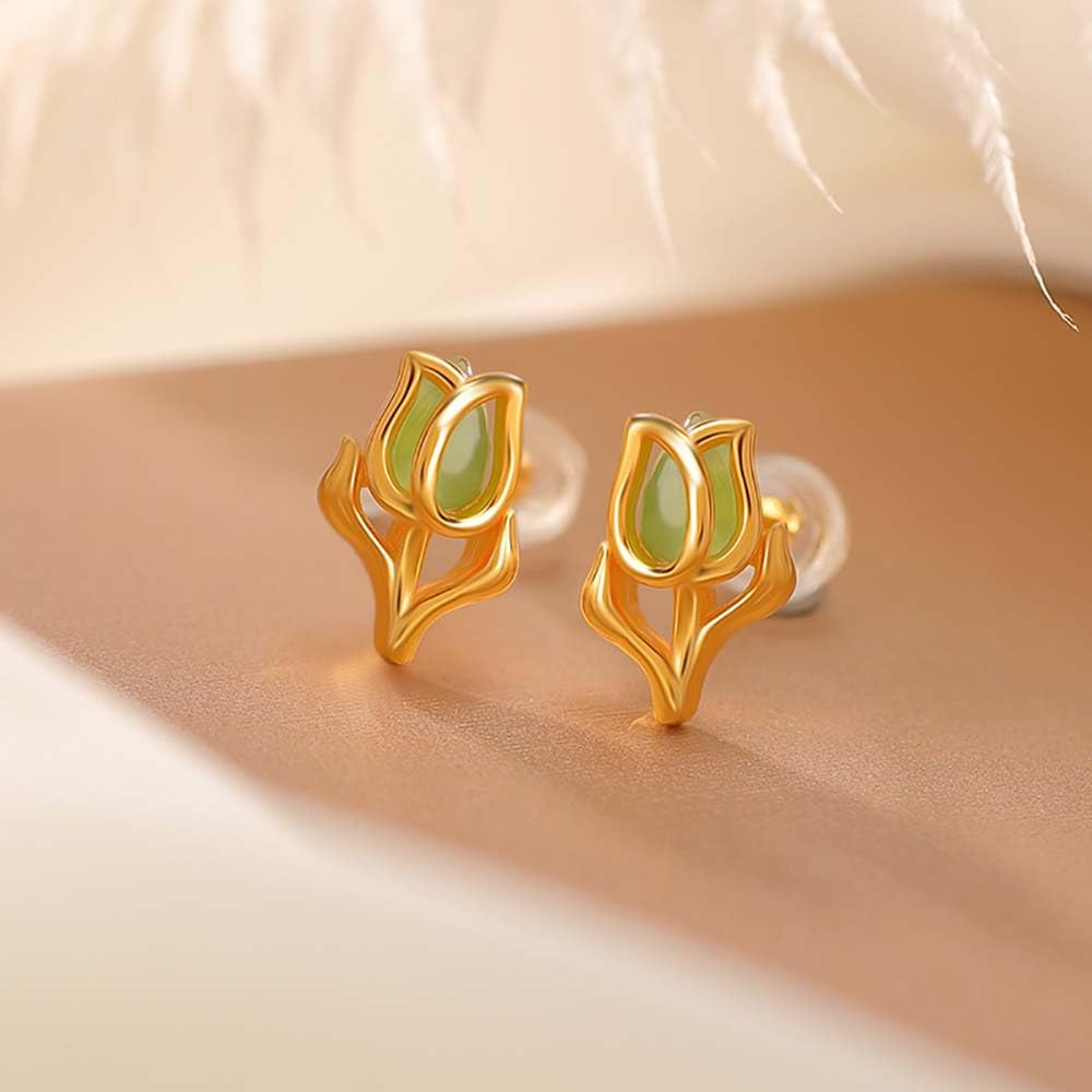 WBDWWTD Zierliche Rosen-Ohrstecker, grüne Jade-Ohrringe, Sterlingsilber für Frauen, Jade-Liebesschmuck, Gold