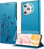 TTYSHTT for Honor 400 pro 5G Case Wallet with Tempered Glass Screen Protector &Camera Lens,Card Holder Slots Wrist Strap TPU Interior Protective Shockproof,PU Leather Folio Flip Cases Cover,Blue