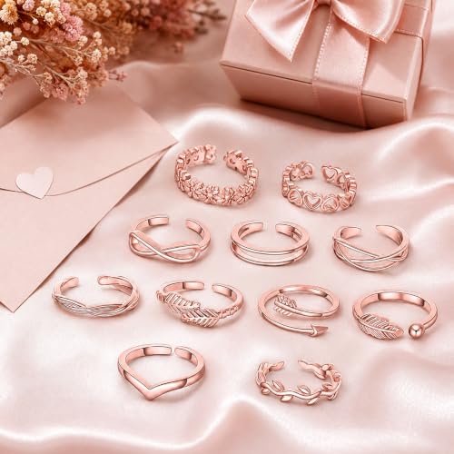 Image of 12PCS Toe Rings for Women 14K Gold /Silver Plated Adjustable Toe Ring Set Open Heart Arrow Infinity Rings Beach Foot Jewelry for Summer