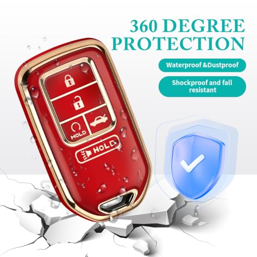 Image of MILD EAST for Honda Key Fob Cover with Keychain, Car Key Case Shell for Honda Accord Civic Pilot Passport CRV 5 Buttons (Gold-Red)