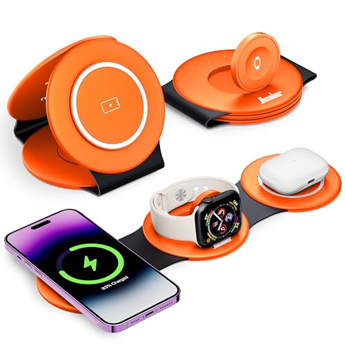Image of Hicober 3 in 1 Wireless Charging Station for Apple Watch and iPhone Air 17 16 15 14 13 12 Pro Max /Plus, Magnetic Foldable Wireless Travel Charger Station Stand for Airpods iWatch All Series Orange