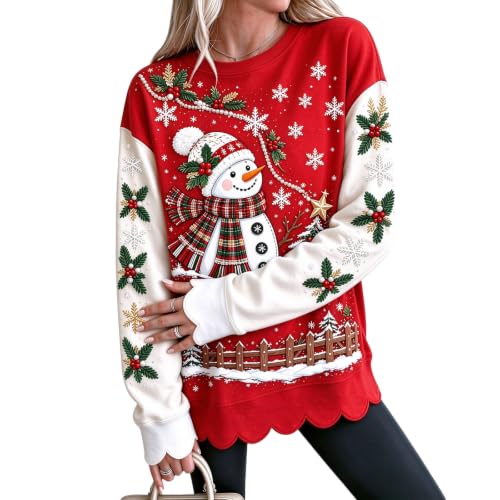 Christmas Sweatshirts for Women Graphic Scalloped Hem Crewneck Pullover | Winter Trends for Women 2026, Christmas, Snowman, Cotton, Cozy, Family, School, Weekend, Everyday, Travel, Casual, Work - image 1
