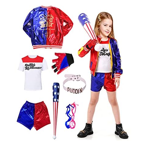 Harley Quinn Kostüm Kinder Mädchen 134 140 146 Suicide Squad Halloween Kostüm Kinder Cosplay mit Harley Quinn Jacke Tshirt Hose Baseballschläger Handschuhe Halskette Harlekin kostüm kinder(140cm) Cover