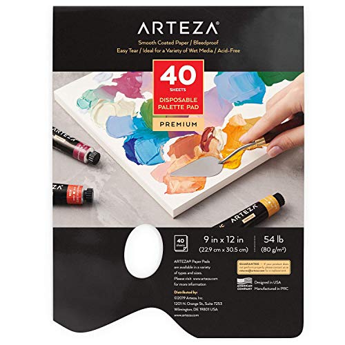 Arteza Disposable Palette Paper Pad, 9x12 Inch, 40 White Sheets, 54 lb, Glue-Bound, Bleed-Proof Paint Palette with Thumb Hole, for Oil Paint, Acrylics, Watercolors & Gouache