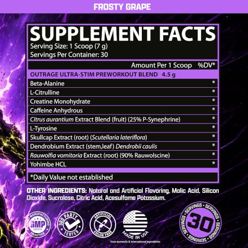 Image of Outrage Ultra HIGH STIM Pre-Workout Powder for Men | 400mg Caffeine, L-Citrulline, Beta-Alanine, Creatine | Extreme Energy, Focus, Strength & Endurance (30 Servings, Frosty Grape)