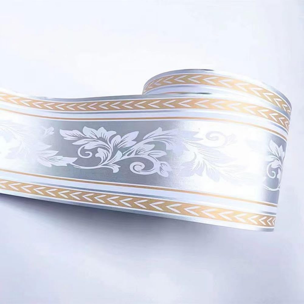Visitryl Silver Buttercup Leaves Silvery Self Adhesive Wallpaper Border Wall Tiles Decorative, Peel And Stick Wall Border Bathroom Stickers 12Cm X 500Cm