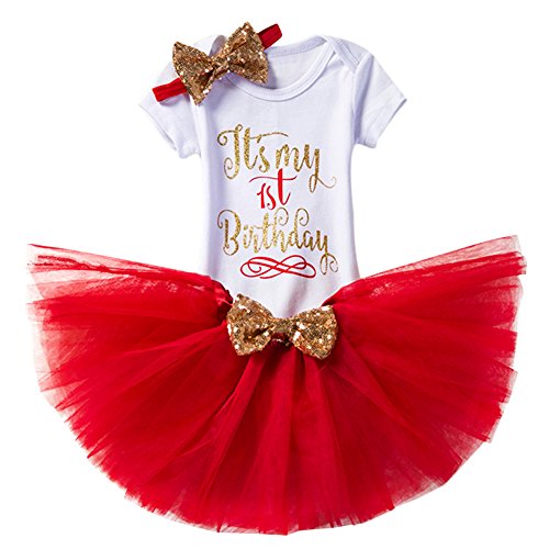 Newborn Baby Girl One Year 1st Birthday Party Outfit Cute Cake Smash Princess Clothes Number Letter Print Gold Shiny Sequin Bow Short Sleeve Romper Bodysuit Summer Tulle Tutu Skirt Headband Photo Prop