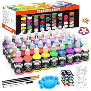 Shuttle Art Fabric Paint Set, 45 Colors 3D Permanent Paint with Brushes Palette Fabric Pen Fabric Sheet Stencils, Glow in The Dark, Glitter,Metallic Colors for Textile Fabric T-shirt Jeans Glass