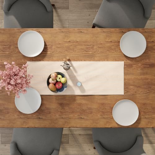 Image of Encasa XO Cotton Table Runner for 4 Seater | Size 13x36 in | Ticking Beige - Machine Washable & Durable