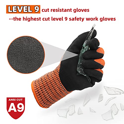 Schwer Highest Level Cut Resistant Gloves For Extreme Protection, Ansi A9 Cutting Gloves With Sandy Nitrile Coated, Touch-Screen, Compatible, Durable, Machine Washable, Hi- Vis Orange 1 Pair（L） #TOP1