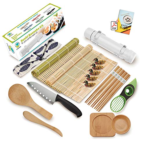 Chefoh All-In-One Sushi Making Kit | White | Sushi Bazooka, 2x Sushi Matt, 5x Chopsticks + Holder, Sushi Knife, Rice Paddle, Rice Spreader, 2x Sauce Dish and Avocado Slicer
