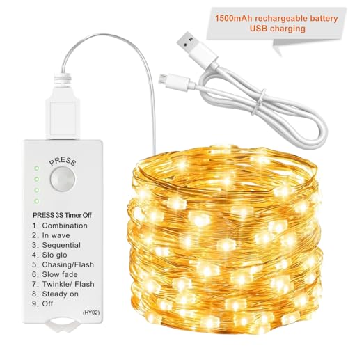 SINAMER Fairy Lights Rechargeable with DIY Timer & 8 Modes 16FT 50LED Battery Operated String Lights Indoor Twinkle Silver Wire Lights for Bedroom Christmas Wedding Centerpiece Decor Warm White