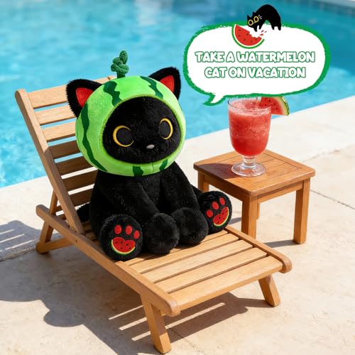 Image of Cat Plush Toys- 8inch Cute Stuffed Cat with Removable Fruit Hood | Soft Kawaii Watermelon Stuffed Animal for Girls, Boys, Birthday Gift for Kids & Adults